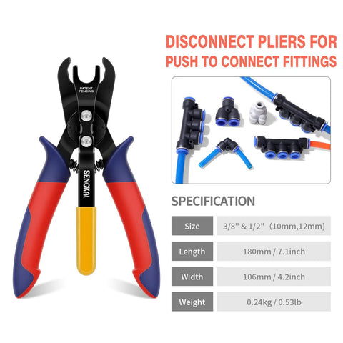 Air Line Removal Tool For 3/8 And 1/2 Inch Push-To-Connect Fittings With Quick Release Pliers shown with spec sizes and fittings