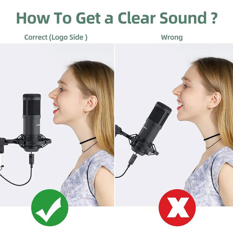 Illustration showing correct and incorrect use of Pro Grade USB Condenser Podcast Microphone Kit With 192KHz 24Bit Audio For Recording Streaming