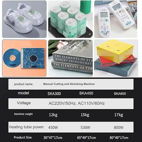 Shrink Wrapping Sealer Machine With 1800W Heat Gun For Home Shop Business Use Adjustable Temperature Settings, various items packed.