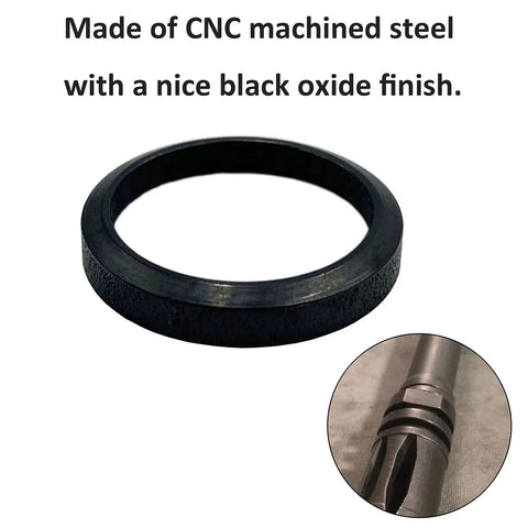 5/8x24 Thread Steel Crush Washer For 308 Rifles, CNC Machined With Black Oxide Finish, close-up view.