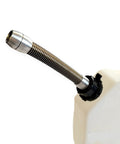 All Metal PAX Fill Hose Spout Nozzle for Capless Fuel Tanks with aluminum fittings and stainless steel hose attached to jug