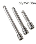 Heavy Duty 1/4 Drive Socket Wrench Extension Bar Chrome Steel Flex Adapter Reaching Through Tight Obstacles With Strong Torque Transfer Wobble Head Design No Nonsense Build For Ratchet Tools Socket Set Essential Gear Silver, three chrome steel extension bars in 50, 75, and 100mm sizes.