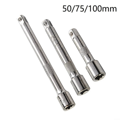 Heavy Duty 1/4 Drive Socket Wrench Extension Bar Chrome Steel Flex Adapter Reaching Through Tight Obstacles With Strong Torque Transfer Wobble Head Design No Nonsense Build For Ratchet Tools Socket Set Essential Gear Silver, three chrome steel extension bars in 50, 75, and 100mm sizes.