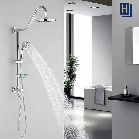Rain Shower System With Eight Inch Rain Head And Handheld, Pro Grade Five Function Shower Spray, Adjustable Slide Bar
