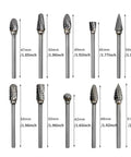 Rotary Burr Set 10 Piece Tungsten Carbide Double Cut Bits For Woodworking Engraving And Carving Grinder Tool Heads Pro Grade Build For Beginners And Pros displayed with measurements