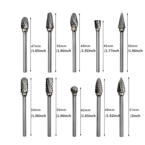 Rotary Burr Set 10 Piece Tungsten Carbide Double Cut Bits For Woodworking Engraving And Carving Grinder Tool Heads Pro Grade Build For Beginners And Pros displayed with measurements