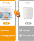 Drywall Repair Kit With 12 Oz White Putty Filler And Spatula For Patching Holes And Cracks An Easy Foolproof Fix Perfect For Your Walls No Drama Cleanup Fast Dry Formula comparison image showing 12oz putty vs 8.5oz.