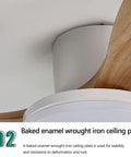 Detail of baked enamel wrought iron ceiling plate on Lysdianpu Nordic Indoor Ceiling Fan Light with wooden blades.