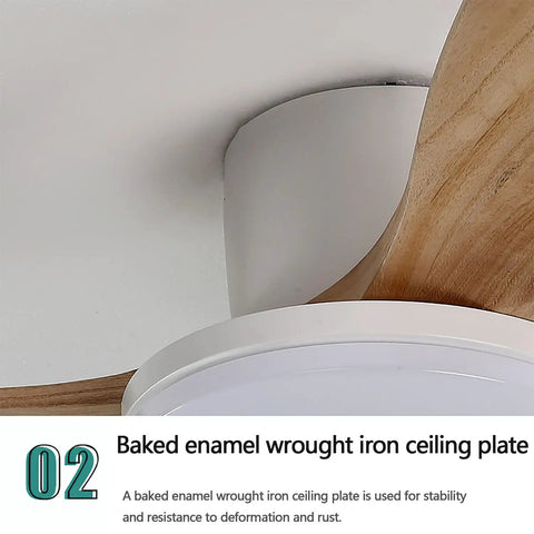 Detail of baked enamel wrought iron ceiling plate on Lysdianpu Nordic Indoor Ceiling Fan Light with wooden blades.
