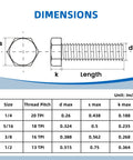 Top Shelf 3/8 X 6 Inch Hex Head Bolts With Matching Hex Nuts And Thick Flat Lock Washers 18-8 Stainless Steel 304 Fully Threaded Badass Hardware For Shop And Workbench Setup 4 Pack Set dimension chart with bolt sizes and specifications.