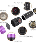 SV53 15W 365nm UV Flashlight Pro Grade USB Rechargeable Black Light components and features diagram