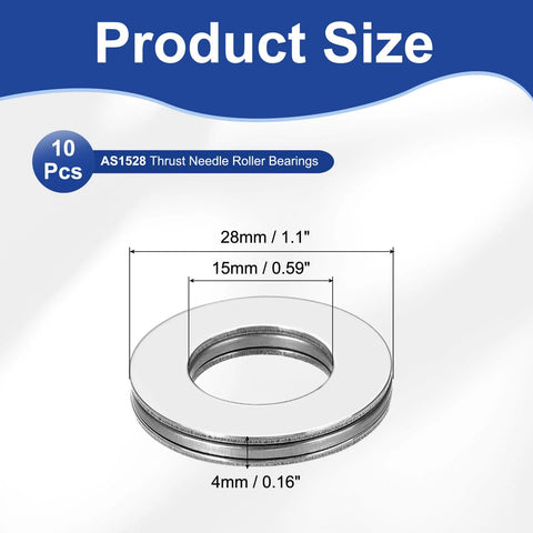 Front view of 10-pack PATIKIL AXK1528 thrust needle roller bearings, 15x28x4 mm, chromium steel with washers, silver.