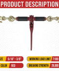 Four Pack Ratchet Chain Binders With Rubber Grips For Flatbed Hauling, Beefy Five Sixteenths And Three Eighths Inch Chain, 7100 Lbs WLL