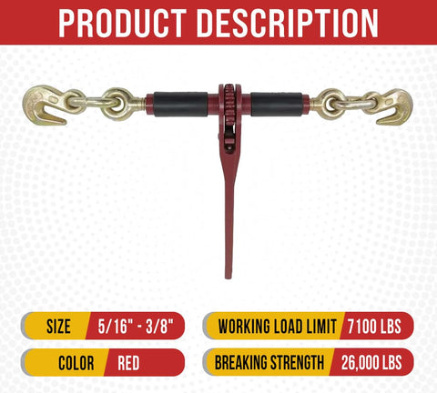 Four Pack Ratchet Chain Binders With Rubber Grips For Flatbed Hauling, Beefy Five Sixteenths And Three Eighths Inch Chain, 7100 Lbs WLL