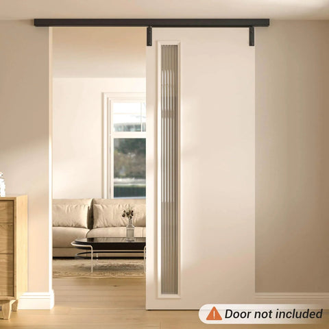 72 Inch Box Rail Sliding Barn Door Hardware Kit With Ceiling Mount Built Tough Black For Exterior And Interior Use No Door Included Fits Up To 32 Inch Opening And 36 Inch Door Panel Aluminum Alloy Track installed in modern room