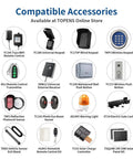 Grid of compatible accessories for gates and doors, including TRF3 Reflection Photocell Sensor, available at TOPENS online store.
