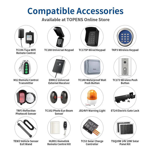 Grid of compatible accessories for HomeLink Ready Universal Receiver with Remote Transmitter, including keypads and sensors.