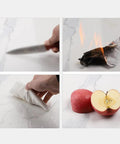 Image collage showing Smooth Operator Lazy Susan Serving Tray For Dining Tables big 43 inch white marble surface with knife, fire, cleaning, and apple.