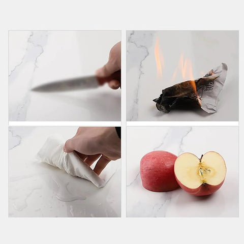 Top Shelf Premium Gray Marble Lazy Susan With 12 Millimeter Thick Round Serving Tray Providing Ultra Smooth 360 Degree Rotating Spin For Hassle Free Dining Table Organization with knife, cleaning, flame, and apple.