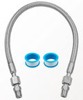 Top Notch Twenty Inch Stainless Steel Braided Air Compressor Jumper Hose Features One Quarter Inch Npt Male Fittings That Handle Four Hundred Fifty Psi Plus Extreme Heat For Heavy Duty Shop Projects Without Breaking A Sweat, with two blue PTFE tape wraps.