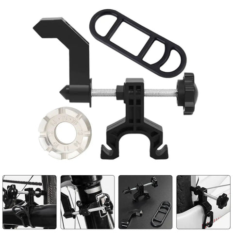 Spoke Tool With Spanner And Strap Compact Wheel Truing Stand for road and mountain bikes, shown with components and parts