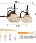 2 Light Dope Vintage Crystal Vanity Lights Wall Sconces in Black Painted Finish with Thick Crystal Glass Shades dimensions