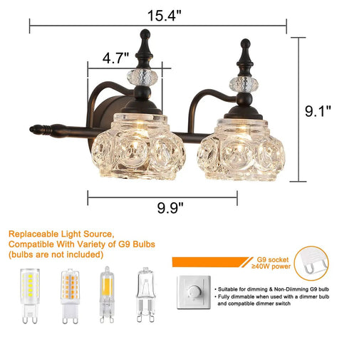 2 Light Dope Vintage Crystal Vanity Lights Wall Sconces in Black Painted Finish with Thick Crystal Glass Shades dimensions