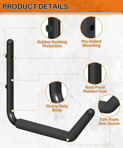Beefy Wall Mount Kayak Storage Rack With Mega EVA Foam And Rubber Bushing For Lockdown Paddle Board And Surfboard Hangers 6 Pack showing product details.
