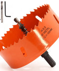 4-1/8 Inch Hole Saw With Arbor Bi-Metal HSS Cutter for wood, plastic, thin metal. Orange saw with drill bits and spring ejector