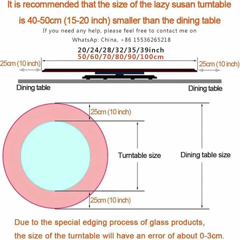 Diagram of 31-35 Inch Tempered Glass Lazy Susan No Fuss Rotating Serving Tray with suggested sizing for dining tables.