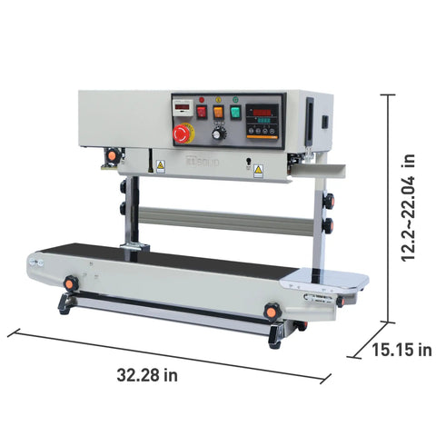 Pro-Grade Automatic Continuous Band Sealer With Stand For PVC Bags, High-Speed Vertical Sealing Machine, dimensions shown