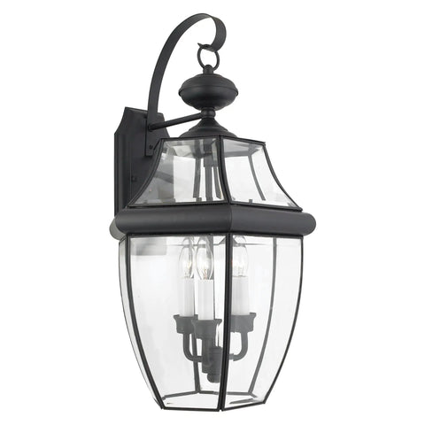 Newbury 23 Inch Outdoor Wall Lantern, 3 Light Mystic Black With Clear Beveled Glass, French Country Style Porch Light mounted on wall