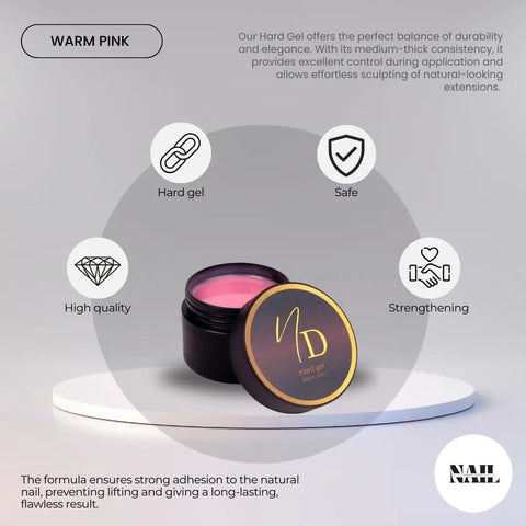 Open jar of HEMA Free Warm Pink Hard Gel For Nails Pro Grade Builder Gel For Extensions Overlays And Strengthening Self Leveling UV LED Formula With Glossy Finish And Strong Adhesion 15ml with benefits icons