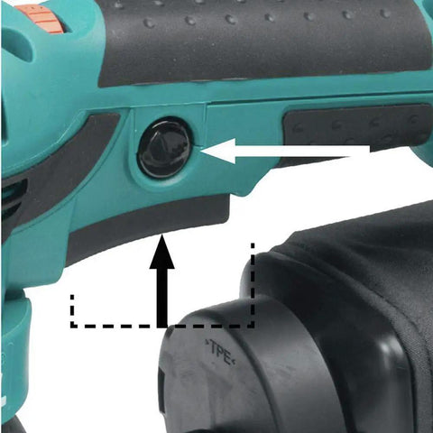 Close-up of 5 Inch Random Orbit Sander With 3 Amp Motor And Variable Speed Dial 4,000 To 12,000 OPM, showing ergonomic rubberized grip.