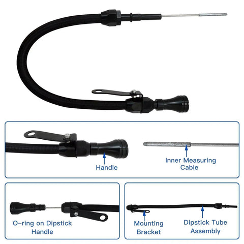 Flexible Black Aluminum And Stainless Oil Dipstick For LS Engines 4.8L 5.7L 6.0L With Teflon-Lined Braided Housing And Full And Low Markings