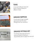 Close-up of 260 Piece Hydraulic Pro Grade Grease Fitting Assortment Kit For Mechanical Lubrication With Metric And Imperial Sizes In Storage Case Includes 90 Degree 45 Degree Angled And Straight Fittings For Automotive And Heavy Machinery Use with visible parts and labels.