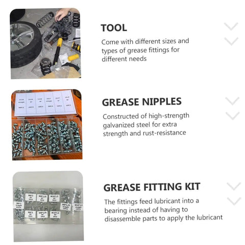 Close-up of 260 Piece Hydraulic Pro Grade Grease Fitting Assortment Kit For Mechanical Lubrication With Metric And Imperial Sizes In Storage Case Includes 90 Degree 45 Degree Angled And Straight Fittings For Automotive And Heavy Machinery Use with visible parts and labels.