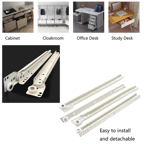 Heavy Duty Metal Drawer Slides 10 To 22 Inch Bottom Mount Rails With 99 Lbs Load Capacity Per Pair, Smooth Glide Track For Kitchen And Dresser Drawers, Includes Two Extended Guide Rails, Durable Steel Construction, bottom-mount steel drawer slides shown in cabinet, desk, and study use