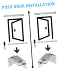 Push door installation guide showing left and right door directions with Premium 90 Degree Padlock Hasp And Staple Set Stainless Steel.