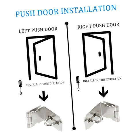 Push door installation guide showing left and right door directions with Premium 90 Degree Padlock Hasp And Staple Set Stainless Steel.