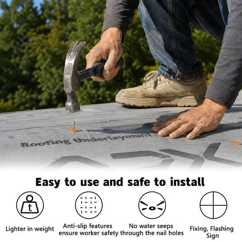 Top Shelf Synthetic Roof Underlayment Roll Measures 48 By 250 Feet being installed with hammer on a roof deck.