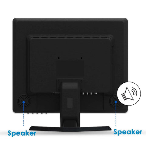Back view of 17-Inch 4:3 Security Monitor With 1280x1024 Resolution, metal housing, showing built-in speakers and stand