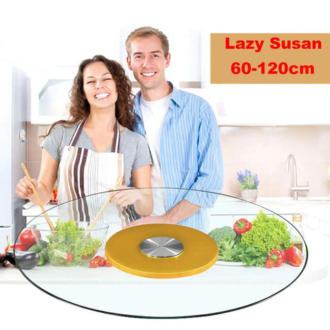 Couple using Tempered Glass Swivel Turntable 360 Degree Rotating Serving Tray With Large Base Lazy Susan, Gold Base in kitchen