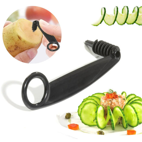 Fruit Splitter Spiral Cutter 2 in 1 Paring Knife With Spiral Cutter, black tool with ergonomic handle and food preparation examples.
