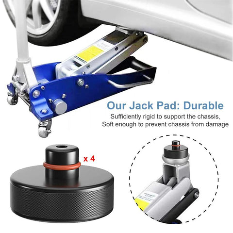 BANGTING Tesla jack pad set, 4 rubber lift pucks with storage case, shown under a Tesla Model 3/S/X/Y.