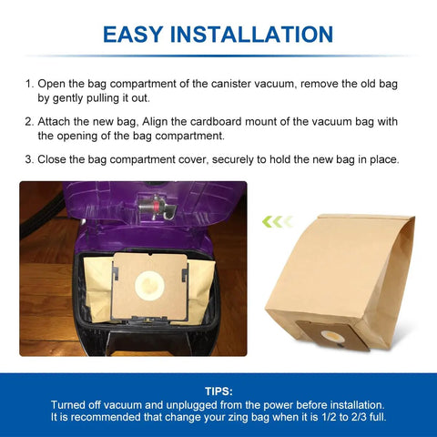 Six Pack Vacuum Bags That Fit Bissell Zing Canisters 4122 4122D 1668 1668C 1668W 2154A 2154C 2154W 1608 with installation steps visible