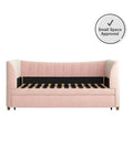 Valentina Twin Upholstered Daybed With Trundle In Pink Velvet For Sleepovers And Quick Guest Beds, wooden slat support, plastic legs.