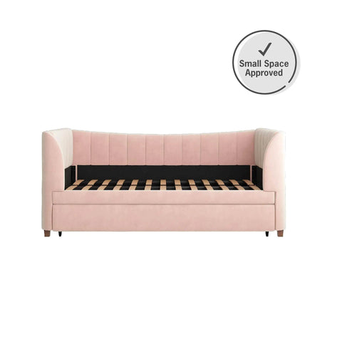 Valentina Twin Upholstered Daybed With Trundle In Pink Velvet For Sleepovers And Quick Guest Beds, wooden slat support, plastic legs.