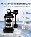 Heavy Duty Submersible Sump Pump With Three Quarter Horsepower Motor Kicks Standing Water To The Curb At 3800 GPH And 30 Foot Head showing vertical float switch.