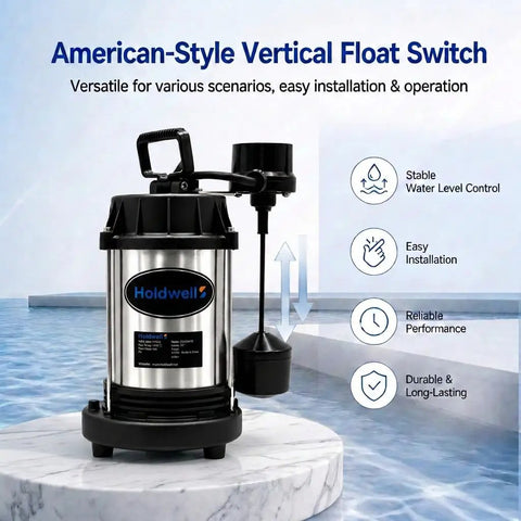 Heavy Duty Submersible Sump Pump With Three Quarter Horsepower Motor Kicks Standing Water To The Curb At 3800 GPH And 30 Foot Head showing vertical float switch.